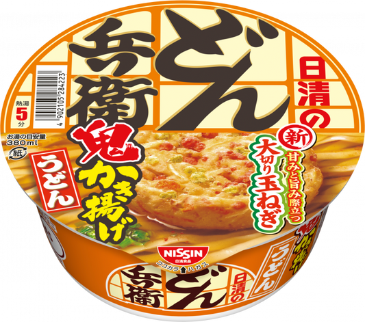 Nissin Oni Kakiage Udon accented with large sliced ​​onions and ginger